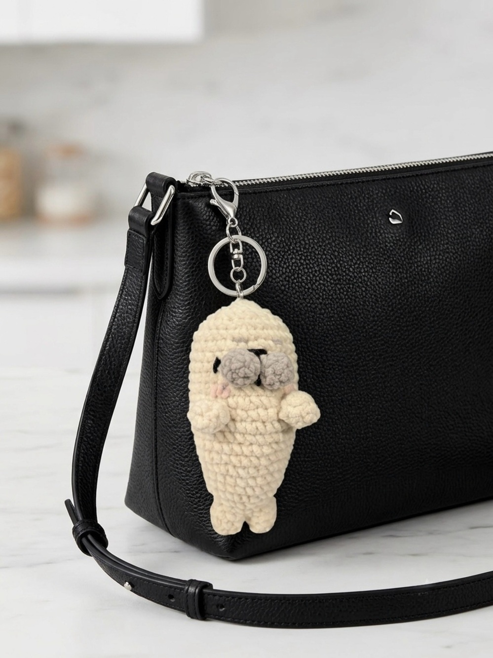 Plush Beige Crochet Seal Keychain - Cute Small Pet Accessory